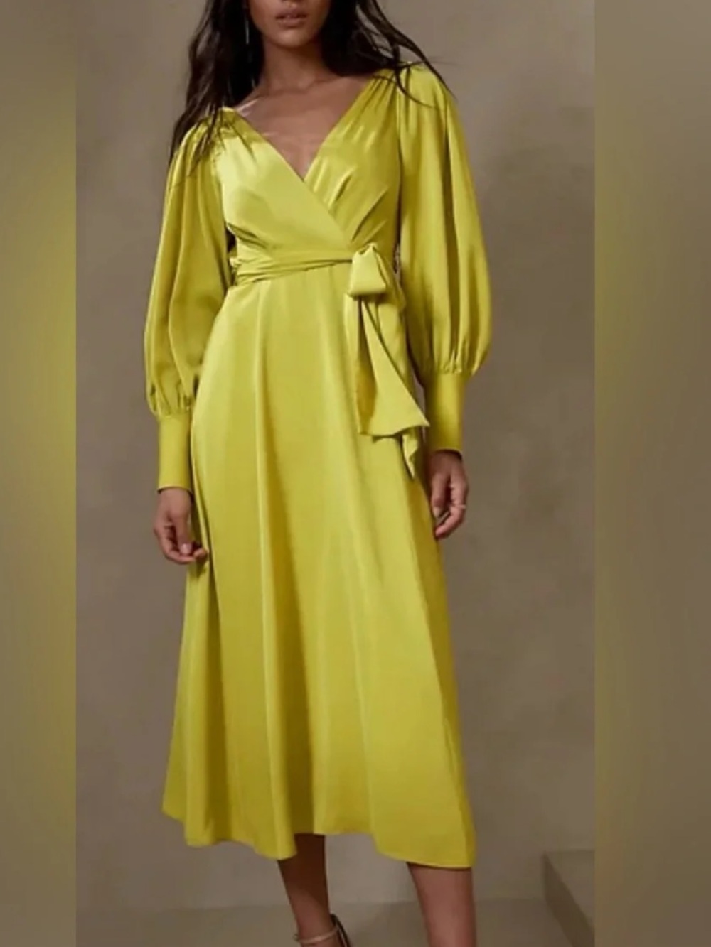 Banana Republic Chartreuse Goddess Maxi Dress Draped Balloon Sleeve Romantic
